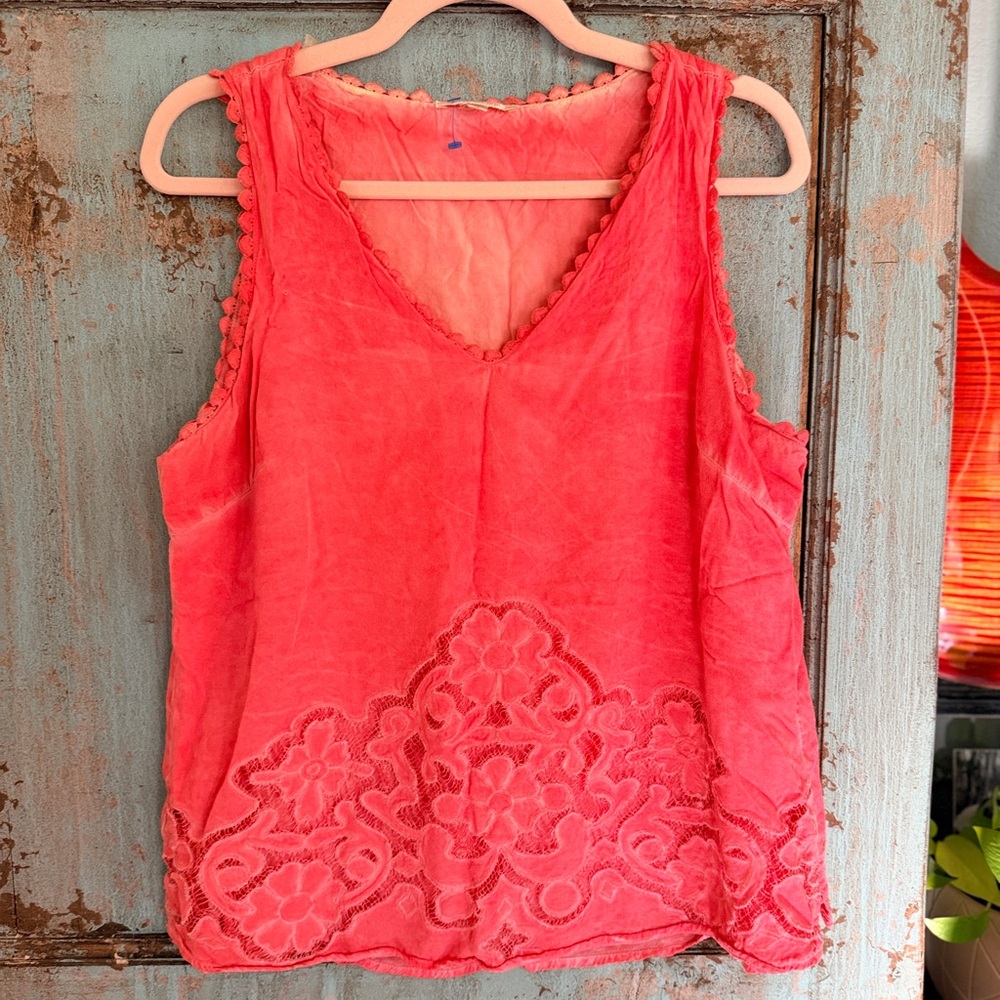Skies Are Blue Coral Embroidered Tank Top | XL | Boho Festival Summer Top
